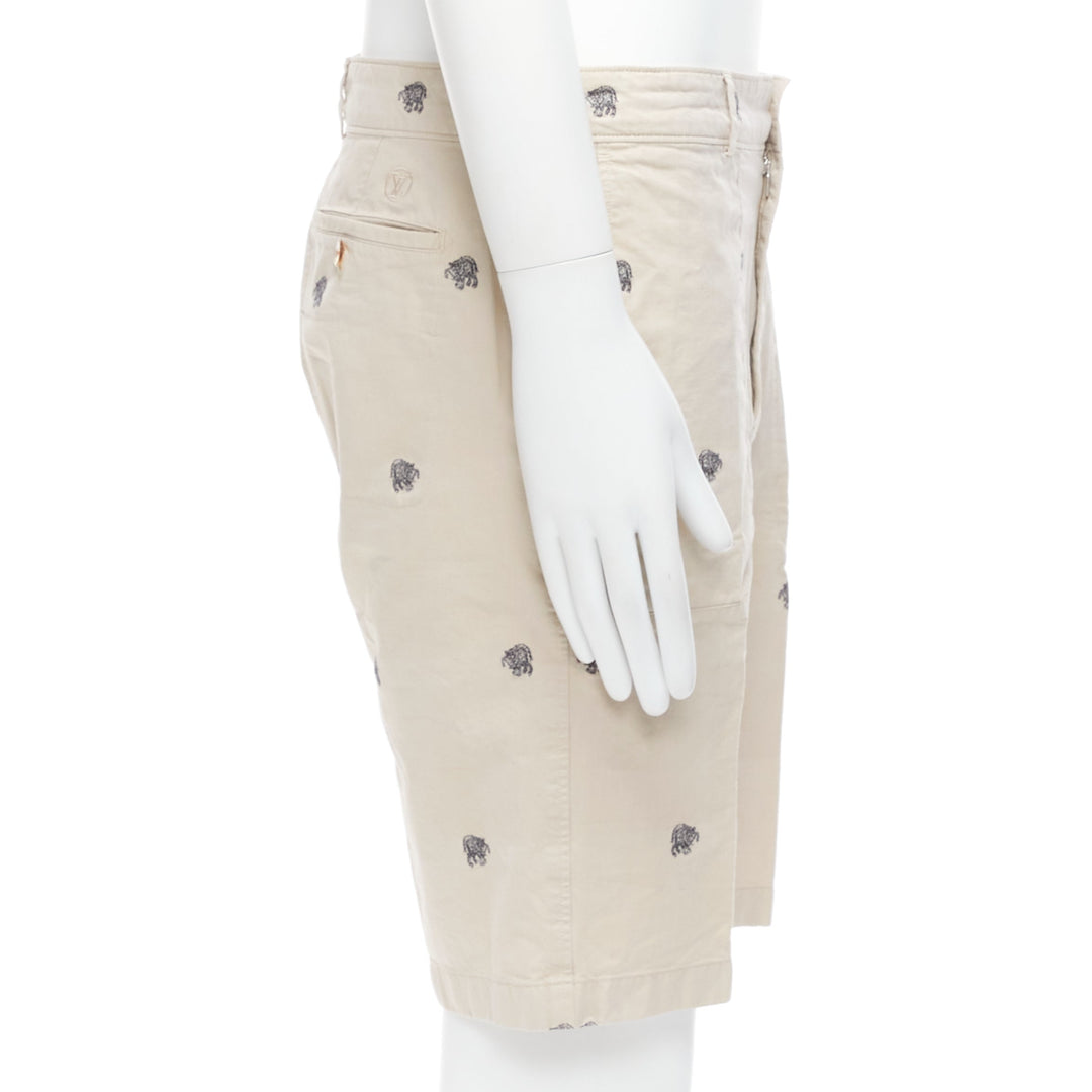 LOUIS VUITTON khaki cotton black elephant embroidery safari shorts FR42 M