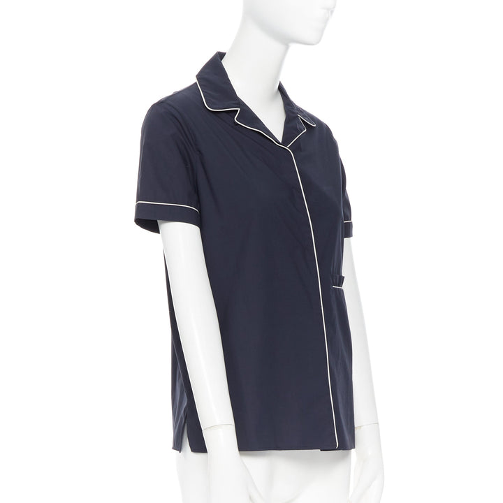 JIL SANDER navy blue cotton cuban shirt notch collar pipe short sleeves FR34