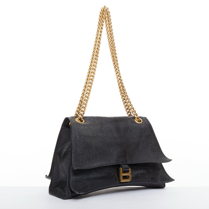 BALENCIAGA Crush Medum  black textured leather gold B chain flap shoulder bag