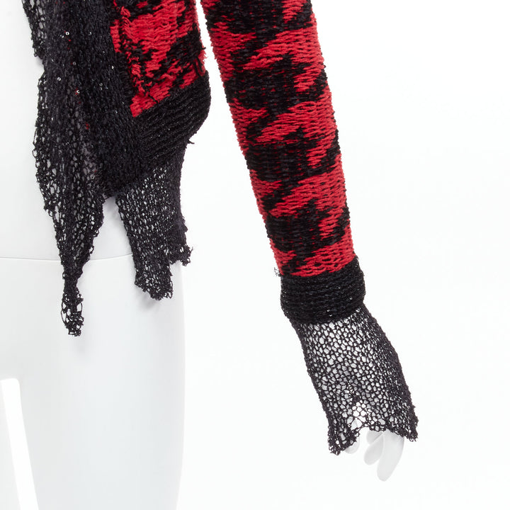BALMAIN 2022 red black houndstooth destroyed pointelle knit mesh jacket FR34 XS