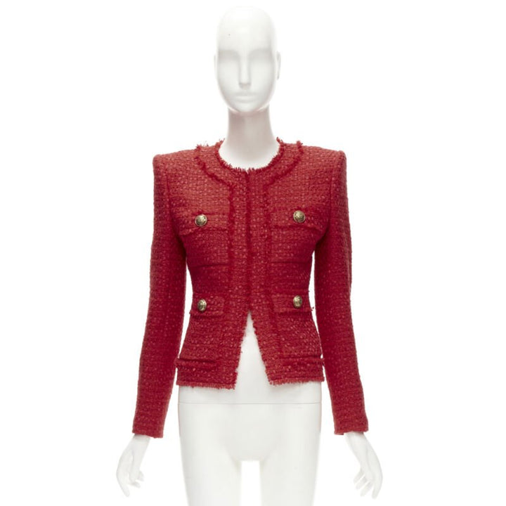 BALMAIN red tweed gold military button 4 pocket power blazer jacket FR34 XS