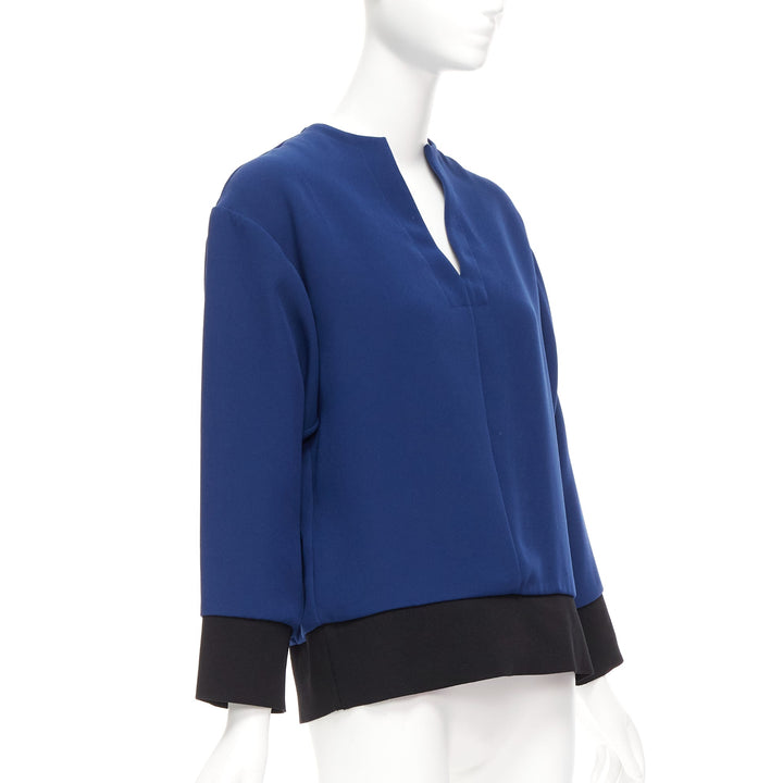 MARNI blue V neck contrast ribbing long sleeve boxy cocoon top IT36 XS