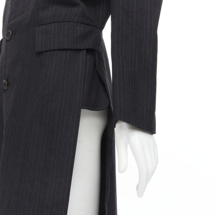 COMME DES GARCONS 1994 dark grey pinstripe frayed cut collar boxy coat M