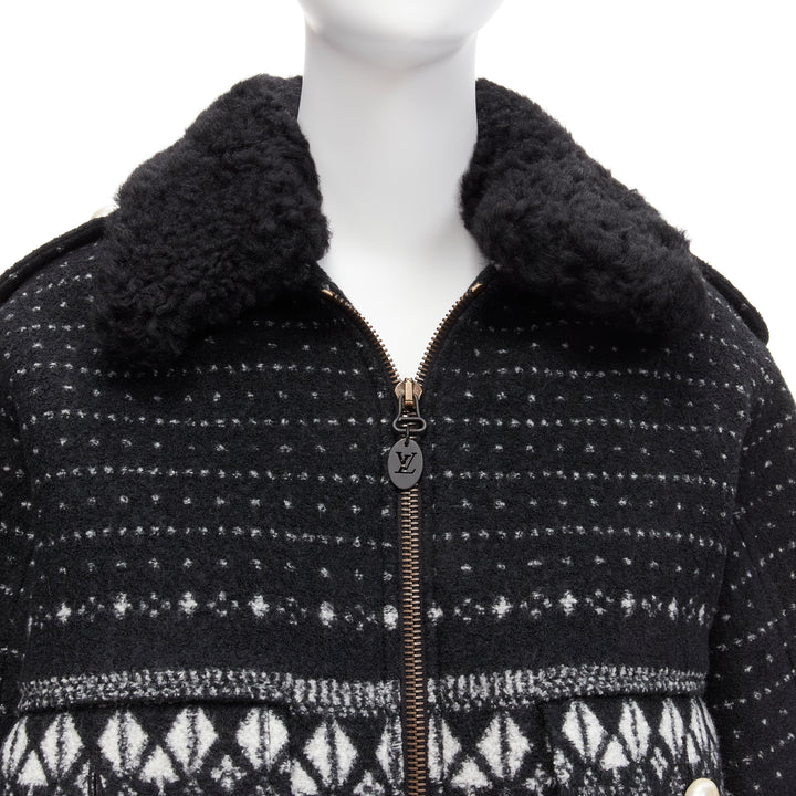 LOUIS VUITTON black LV logo intarsia argyle wool boxy aviator jacket FR34 XS
