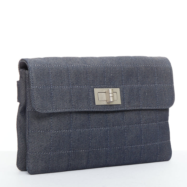 CHANEL Mademoiselle Chocolate Bar denim blue quilted clutch bag