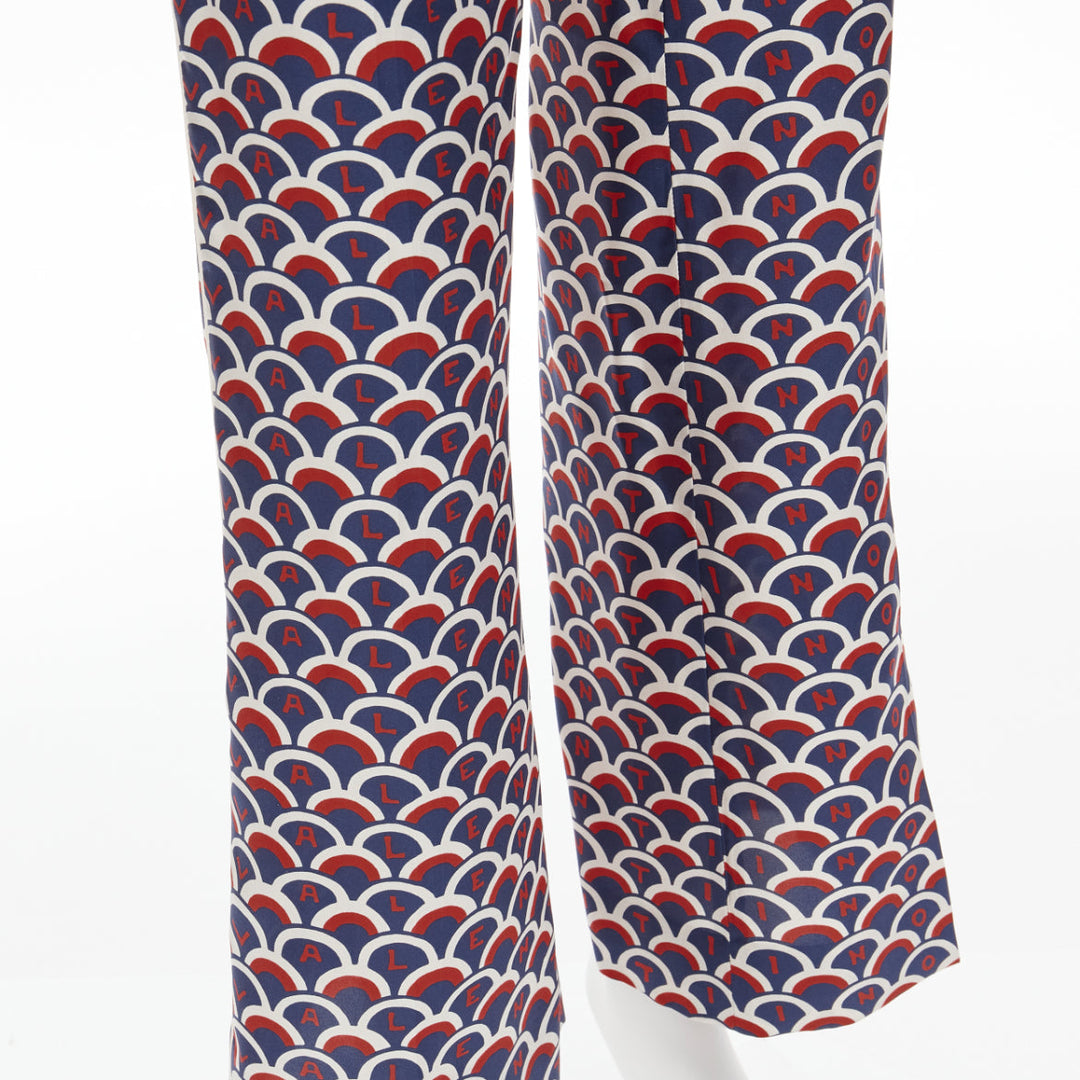 VALENTINO 100% silk  scallop print logo print navy red flared pants IT36 XXS