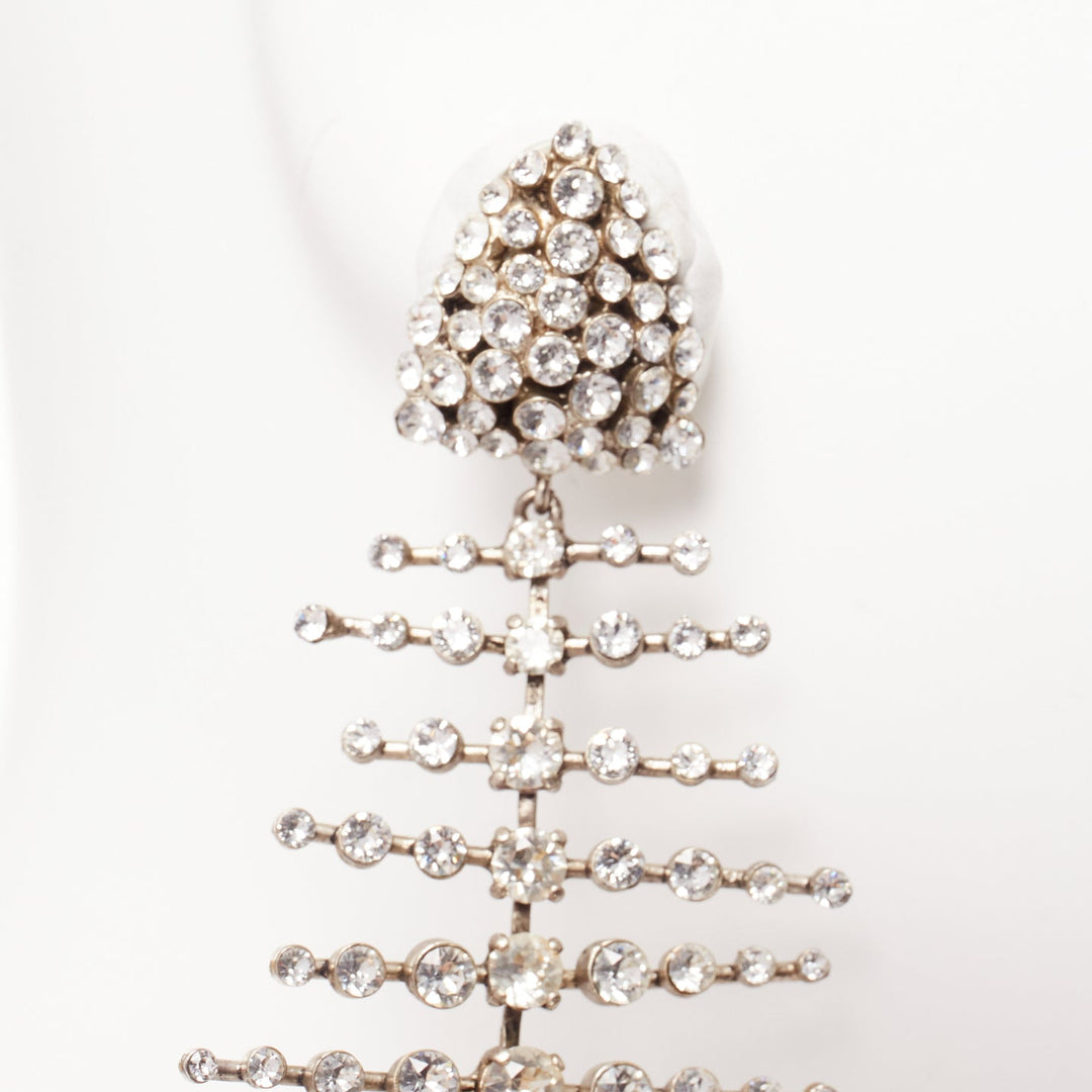 SAINT LAURENT clear crystal spiral fish bone dangling clip on earrings