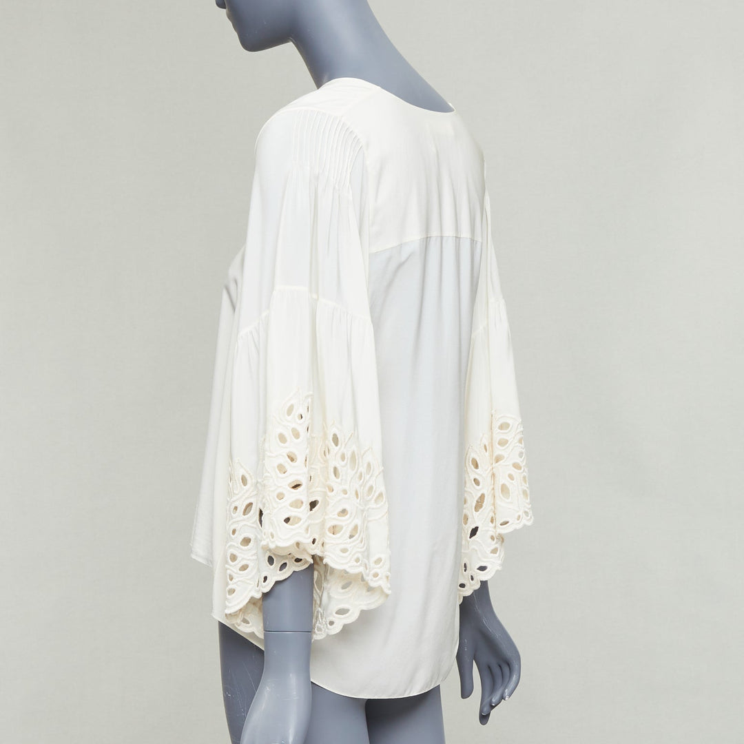 CHLOE milk cream 100% silk cotton lace eyelet trim peasant blouse FR34 XS