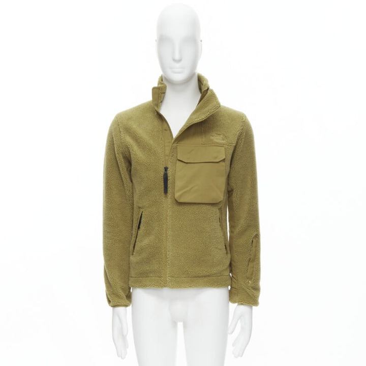 NORTH FACE tan brown fleece patch flap pocket asymmetric zip up jacket XS S