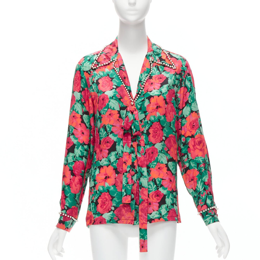 GUCCI ALESSANDRO MICHELE 2016 red green floral GG pearl bow silk shirt IT38 XS