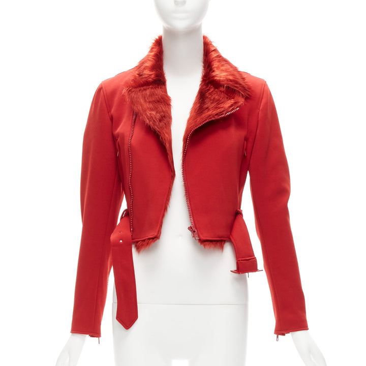 YOHJI YAMAMOTO red faux fur collar 3 stripes belted cropped biker jacket S