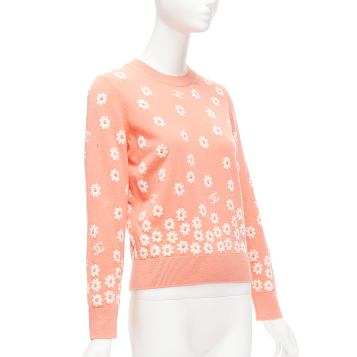 CHANEL 22P peach cashmere blend floral CC knitted pullover sweater FR34