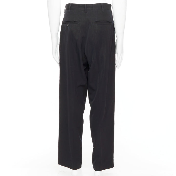 YOHJI YAMAMOTO navy 100% wool pleated front tapered wide trouser pants S