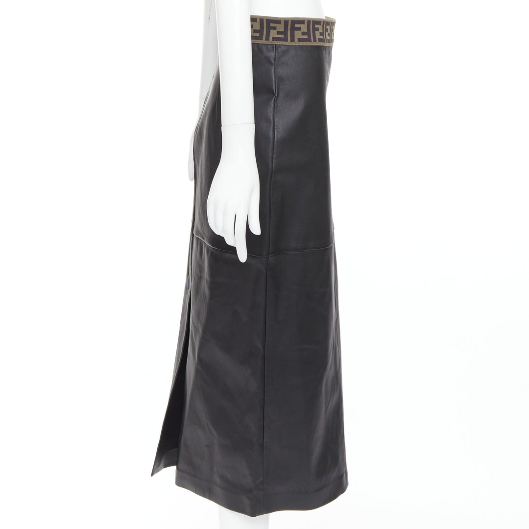 FENDI Gonna khaki FF monogram waist black lamb leather pencil skirt IT44 L