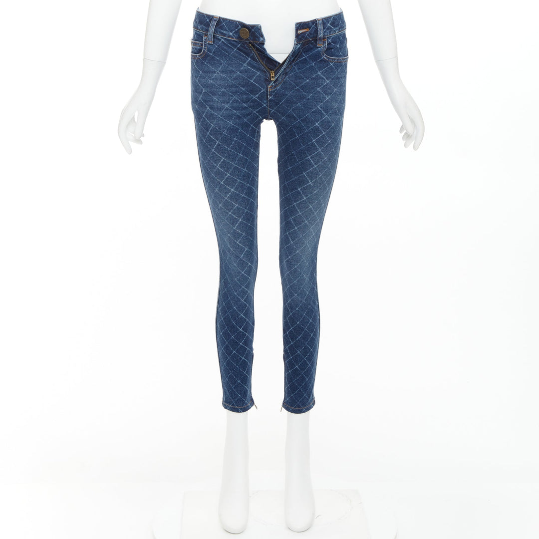 CHANEL 2017 dark blue washed denim diamond grid CC button skinny jeans FR34 XS