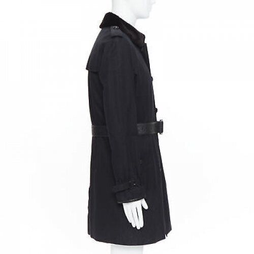 BURBERRY PRORSUM black cotton removable rabbit fur lining ostrich belt trench L