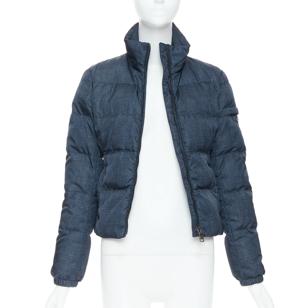 PRADA 2011 navy denim fabric print triangle logo cropped puffer jacket IT38 XS