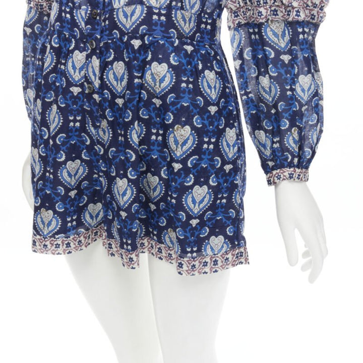 SEA NEW YORK blue floral print ruffle trim long sleeve romper playsuit US0 XS