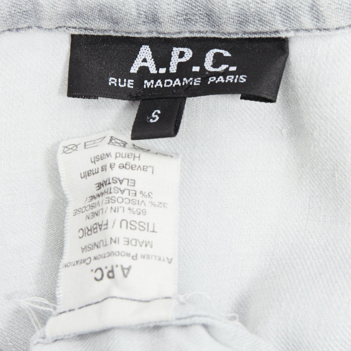 A.P.C. grey linen blend washed distressed slit collar long sleeve shirt S