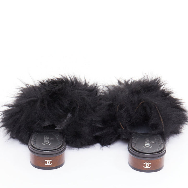CHANEL black silver CC logo mongolian lamb fur fluffy slippers EU37.5