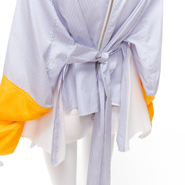 MARINE SERRE yellow blue white pinstriped puff sleeve peplum top M