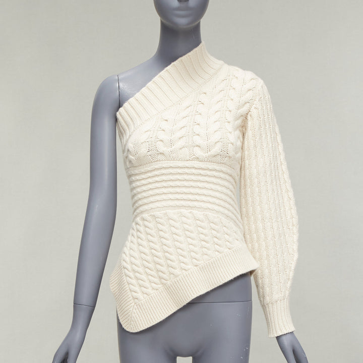 BURBERRY 100% cashmere cream one shoulder mixed cable knit pullover sweater XS