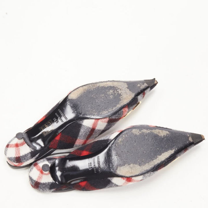 BALENCIAGA BB Knife gold logo red black plaid wool sling kitten pump EU38.5