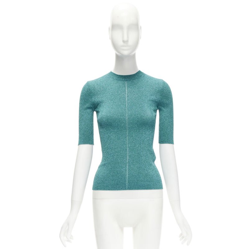 SAINT LAURENT turquoise blue metallic lurex lattice seam knitted top S