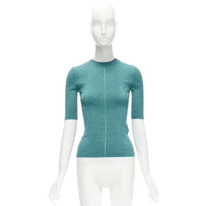 SAINT LAURENT turquoise blue metallic lurex lattice seam knitted top S