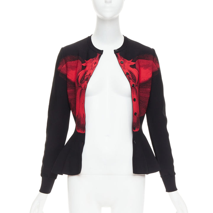 ALEXANDER MCQUEEN 2023 Ethereal Orchid red floral jacquard peplum cardigan S