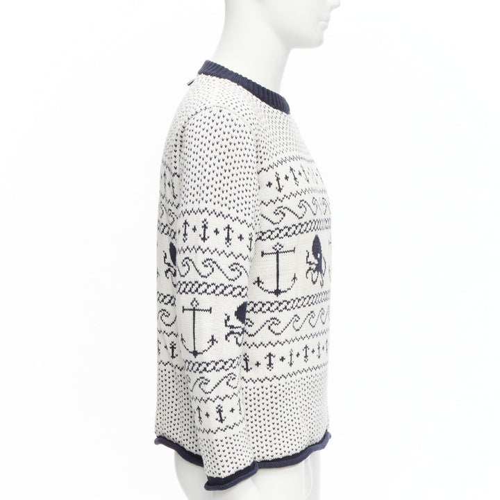 THOM BROWNE off white navy nautical octopus intarsia  ringer sweater SZ.3 L
