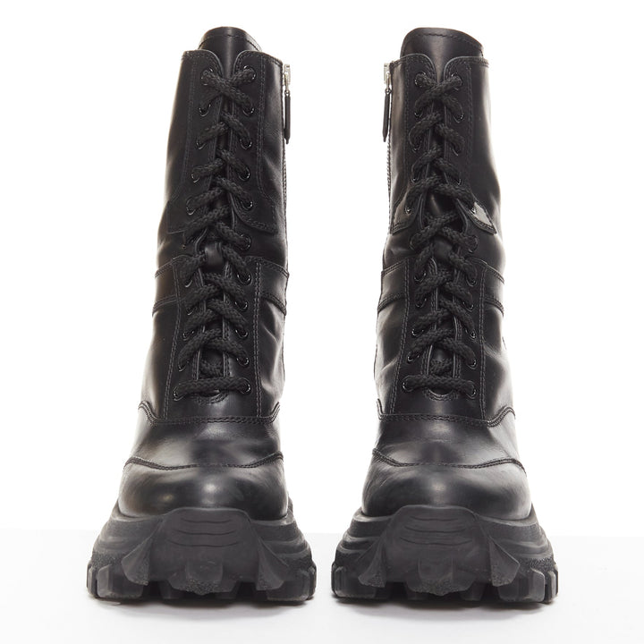 MIU MIU Runway black leather logo lace up chunky wedged military boots EU39