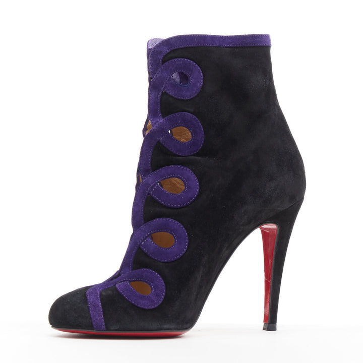 CHRISTIAN LOUBOUTIN black suede purple swirl cut out high heel ankle bootie EU36