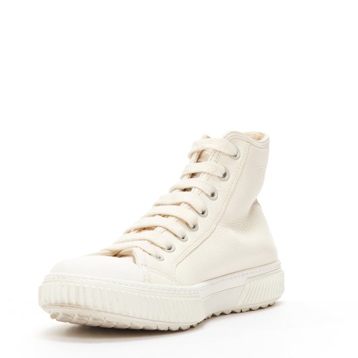 PRADA white textured leather black triangle logo high top sneakers UK7 EU40