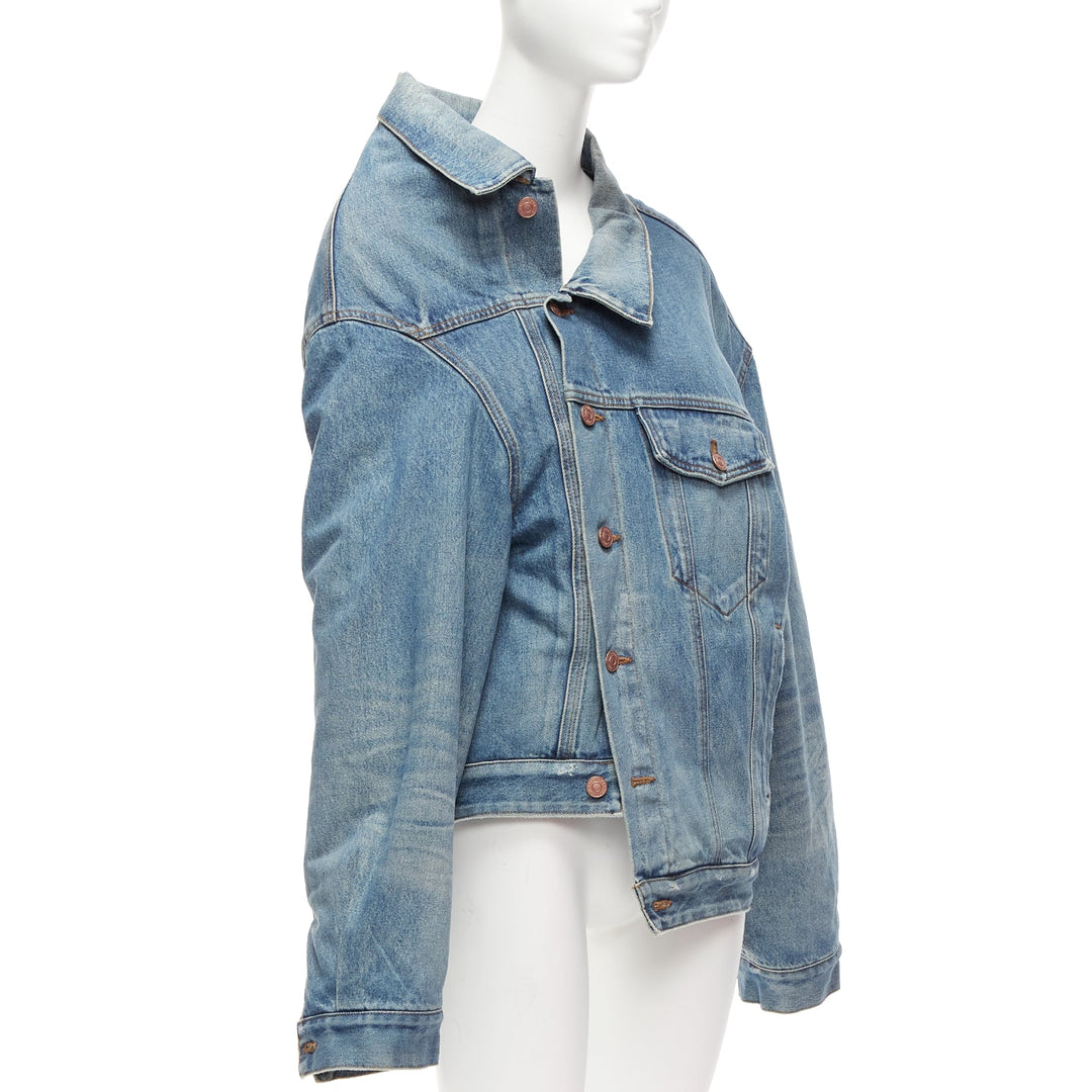 BALENCIAGA Demna 2021 blue washed denim off shoulder deconstructed jacket L