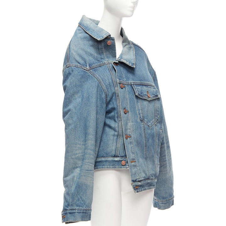 BALENCIAGA Demna 2021 blue washed denim off shoulder deconstructed jacket L