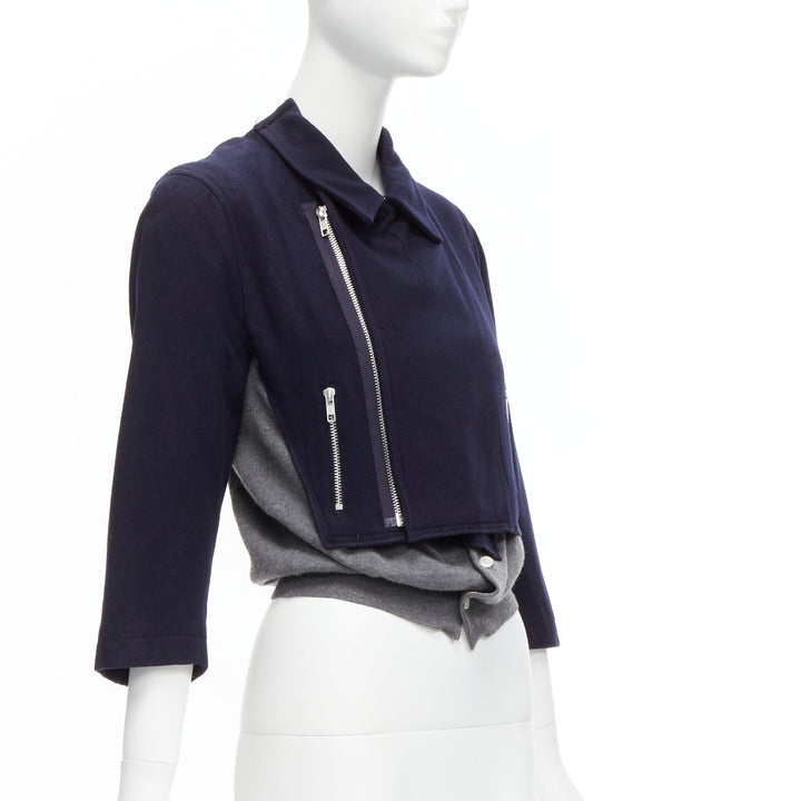COMME DES GARCONS wool navy grey deconstructed hybrid biker cropped cardigan S