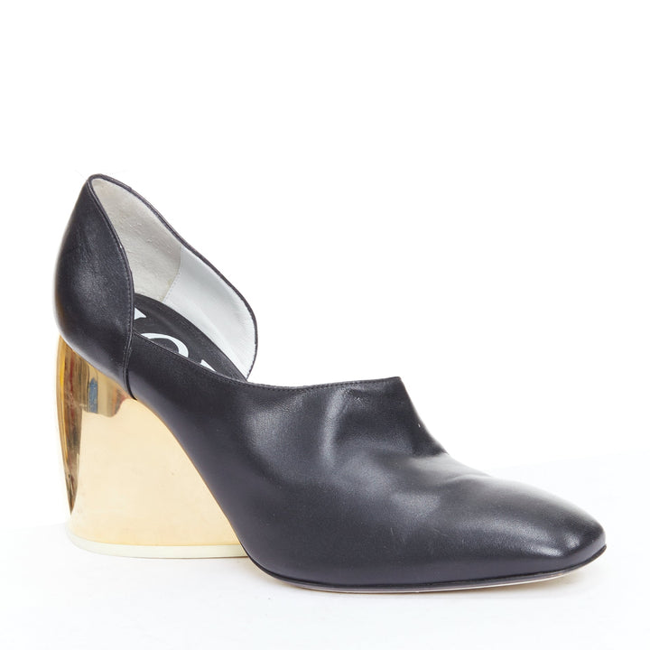 LOEWE gold curved heel black leather slip on heeled shoes EU39