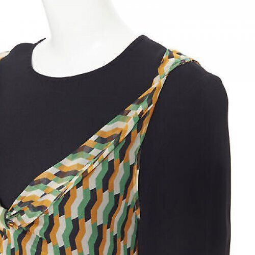 DRIES VAN NOTEN 2017 silk black orange geometric camisole layered top FR38 S