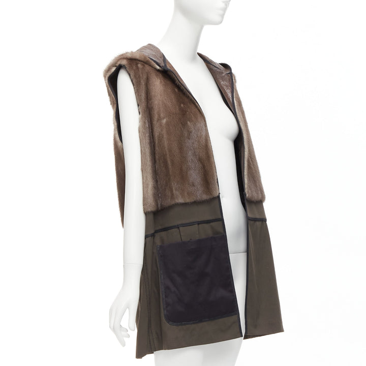 MARNI Mink Gilet Reversible brown colorblocked textured fur hooded vest IT40 S