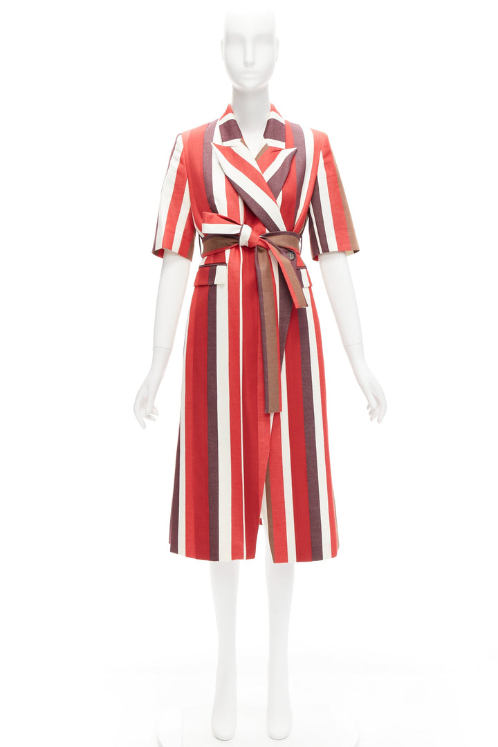FRENKEN red bold graphic stripes cotton tie belt long coat IT34 XXS