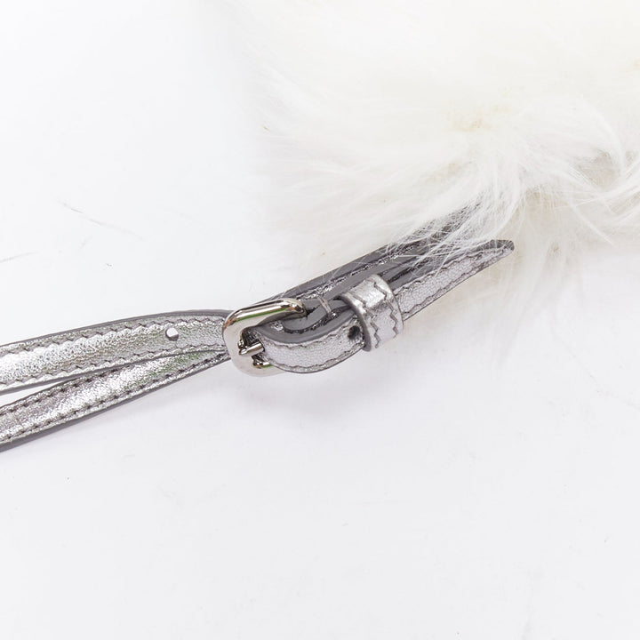 PRADA white faux fur silver triangle logo wristlet clutch bag