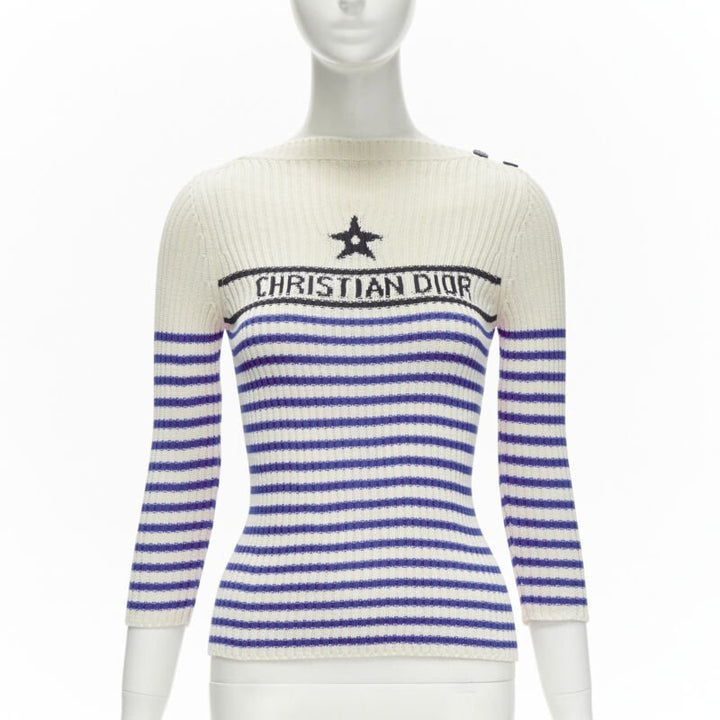 CHRISTIAN DIOR 2022 Mariniere blue nautical sailor stripe logo ribbed top FR34