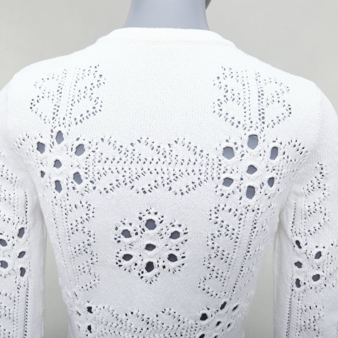 CHANEL 2021 white cotton gold CC button crochet knit cropped cardigan FR34 XS