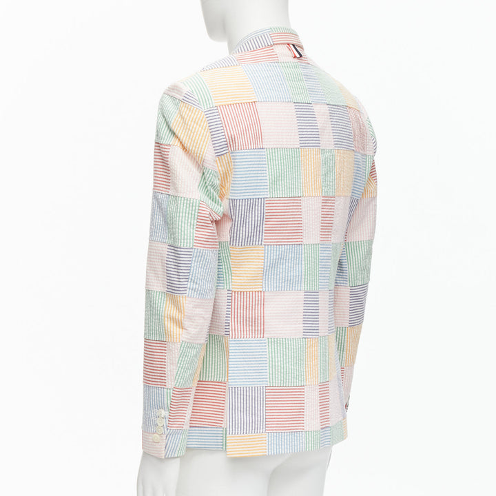 THOM BROWNE colourful stripes patchwork seersucker 2 button blazer jacket Sz 2 M