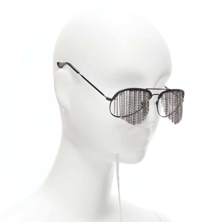 rare BLESS Duo Fringe black chain no lens aviator sunglasses