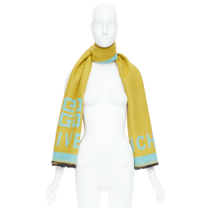 GIVENCHY mustard mint green wooly black fringe big logo long scarf