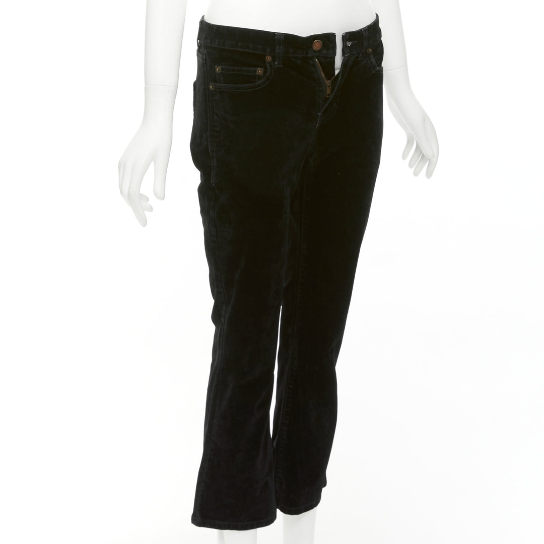 SAINT LAURENT 2018 black cotton blend velvet mid waist flare cropped pants 25"