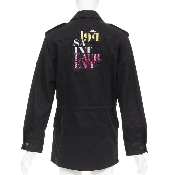 SAINT LAURENT 2018 black cotton ramie glitter logo safari jacket FR36 S