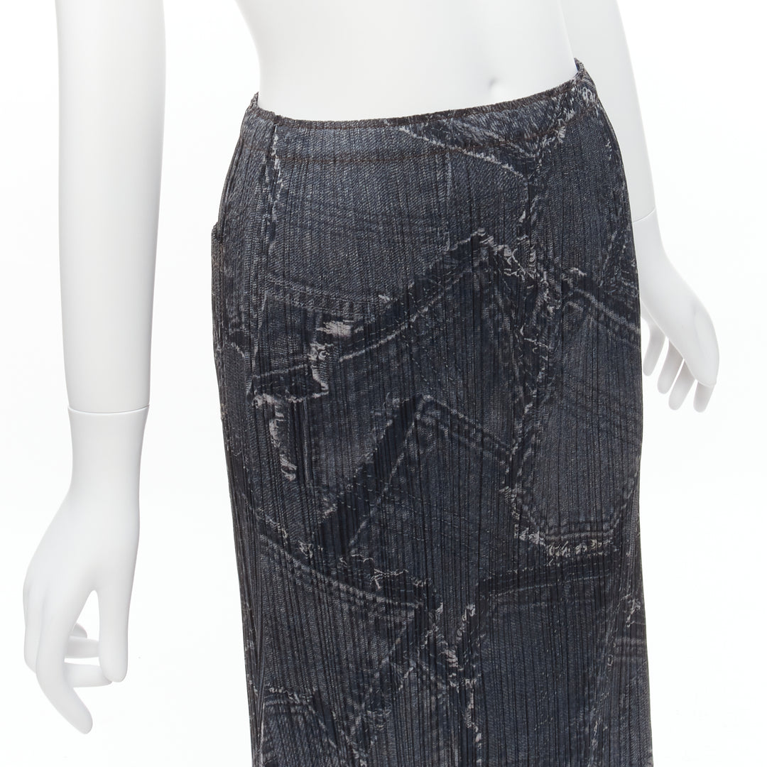ISSEY MIYAKE PLEATS PLEASE dark blue denim patchwork print pleated skirt JP2 M